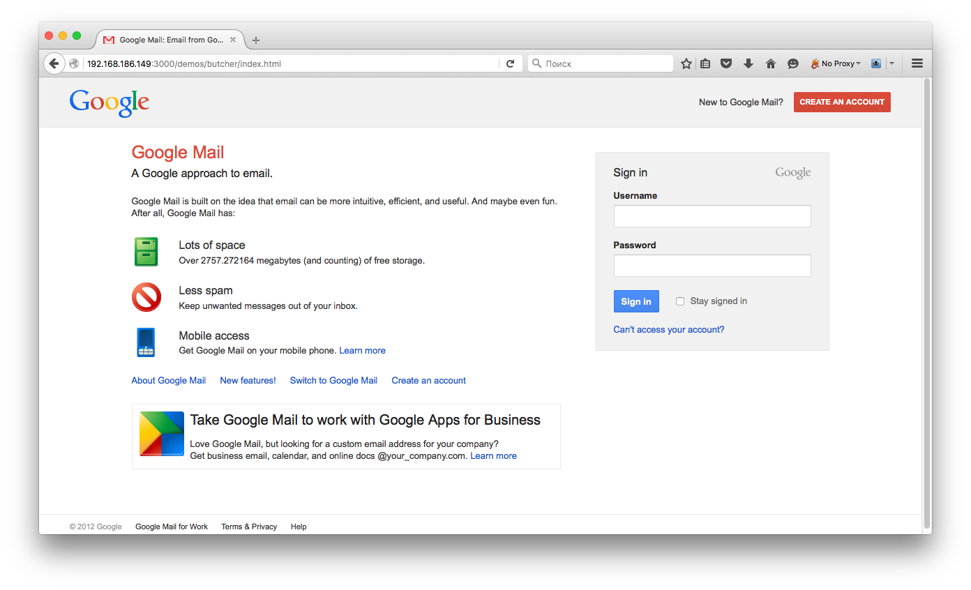 Phishing GMail login page shown to the victim using BeEF